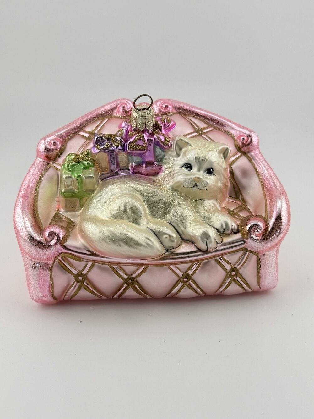 Kurt Adler Polonaise White Cat/pink Couch Large Ornament Glass Poland 4.75"